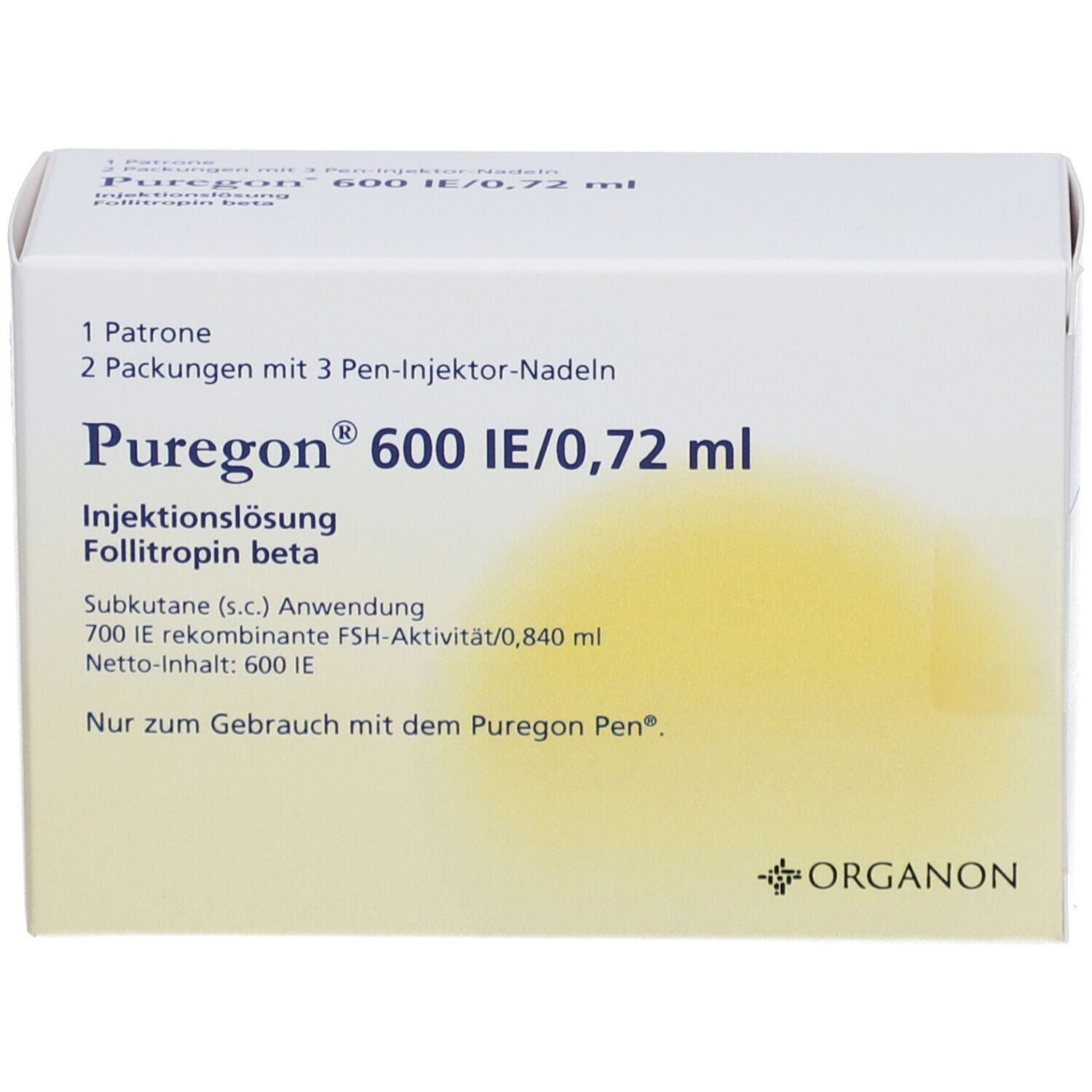 Weiße Produktverpackung mit Aufschrift PUREGON 600 IE/0,72 ml. Enthält 1 Patrone, 2 Packungen mit 3 Pen-Injektor-Nadeln. Logo: Organon.