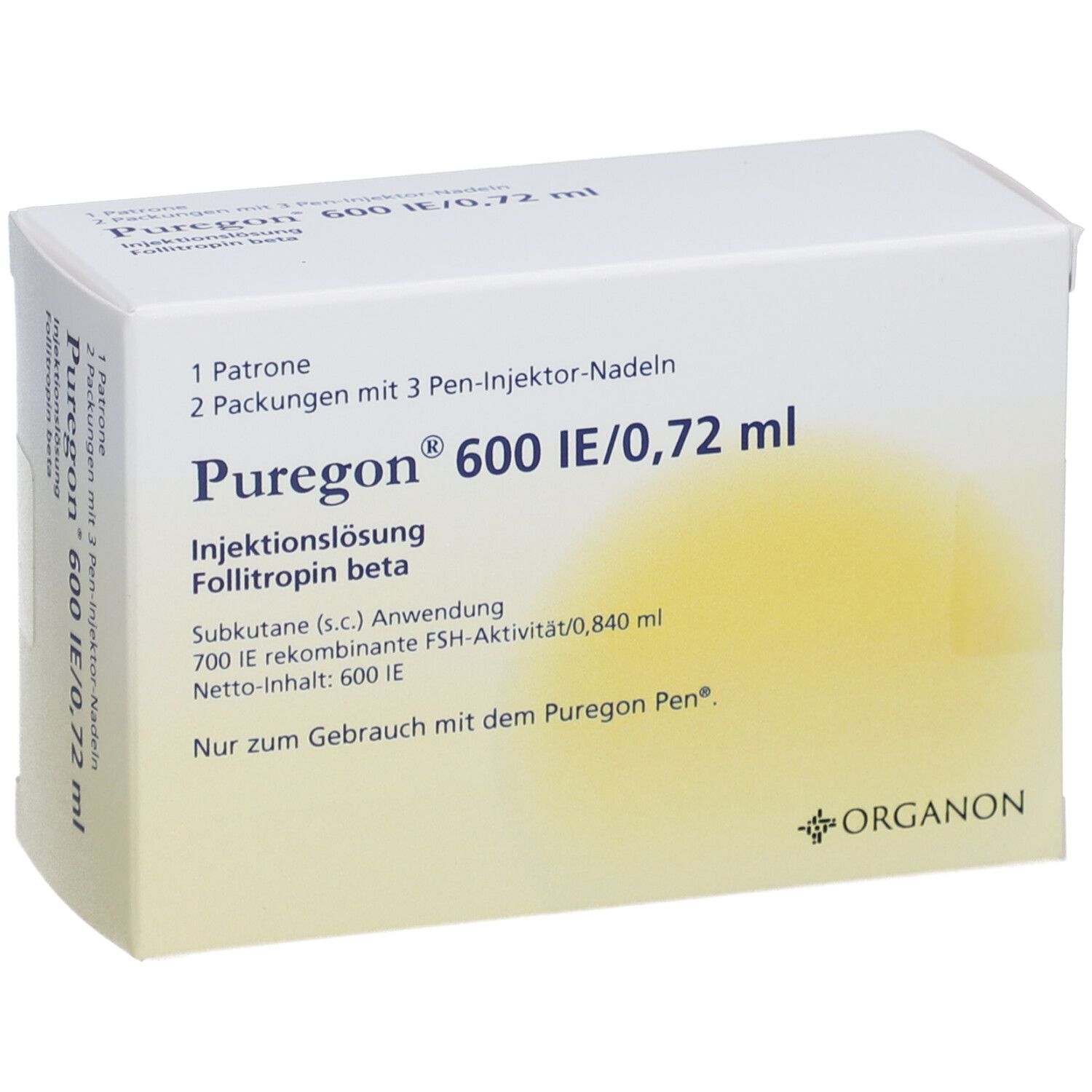 Weiße Produktverpackung mit Aufschrift PUREGON 600 IE/0,72 ml. Enthält 1 Patrone, 2 Packungen mit 3 Pen-Injektor-Nadeln. Logo: Organon.