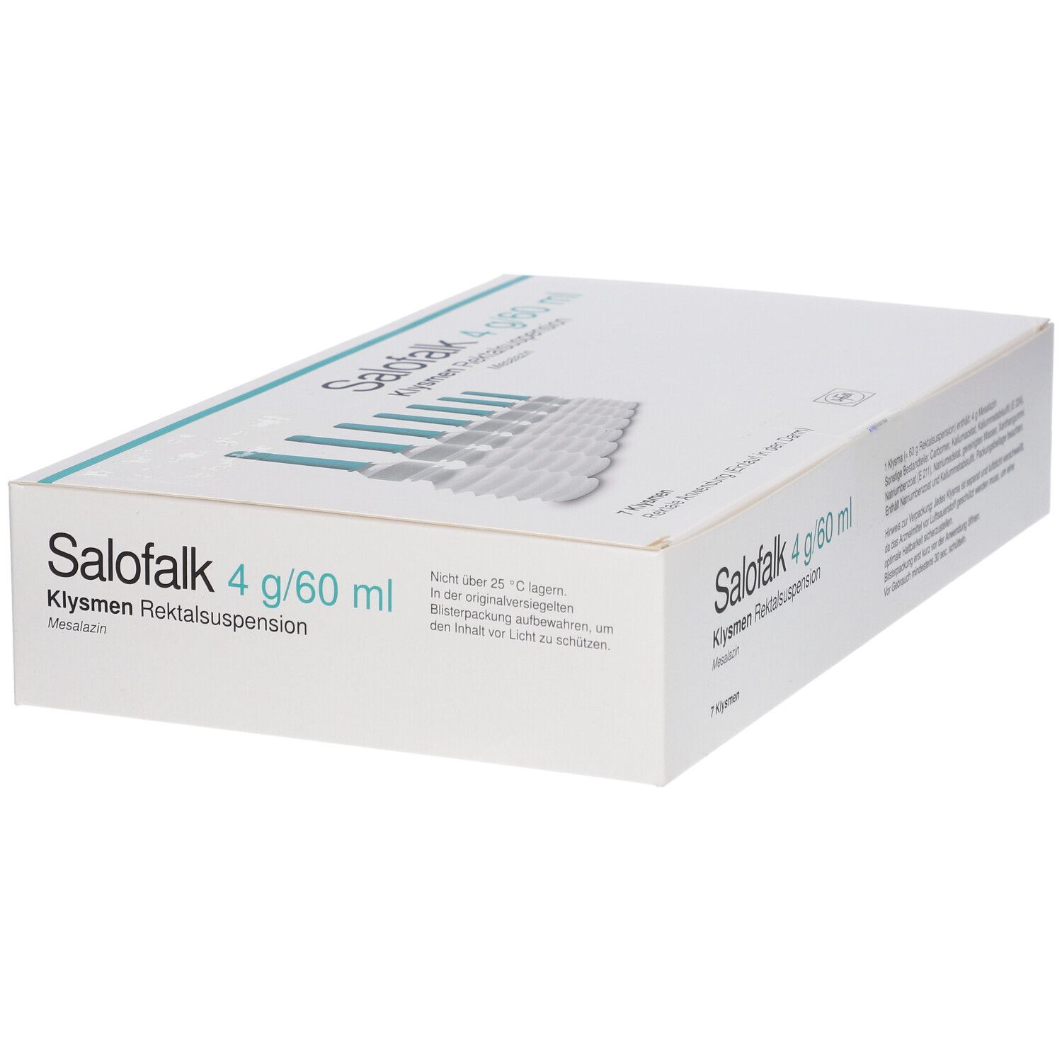 Schräg gestellter Karton mit Produktinformationen. Aufschrift: Salofalk 4 g/60 ml Klysmen Rektalsuspension. 7 Klysmen.
