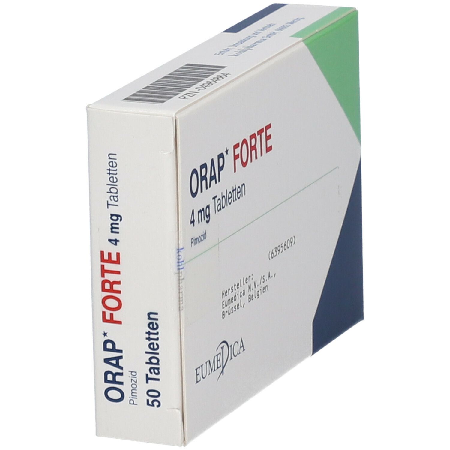 Schachtel "ORAP* FORTE 4 mg Tabletten". 50 Tabletten. Hersteller: EUMEDICA. Grün, weiß und blaues Design. Schräge Ansicht.