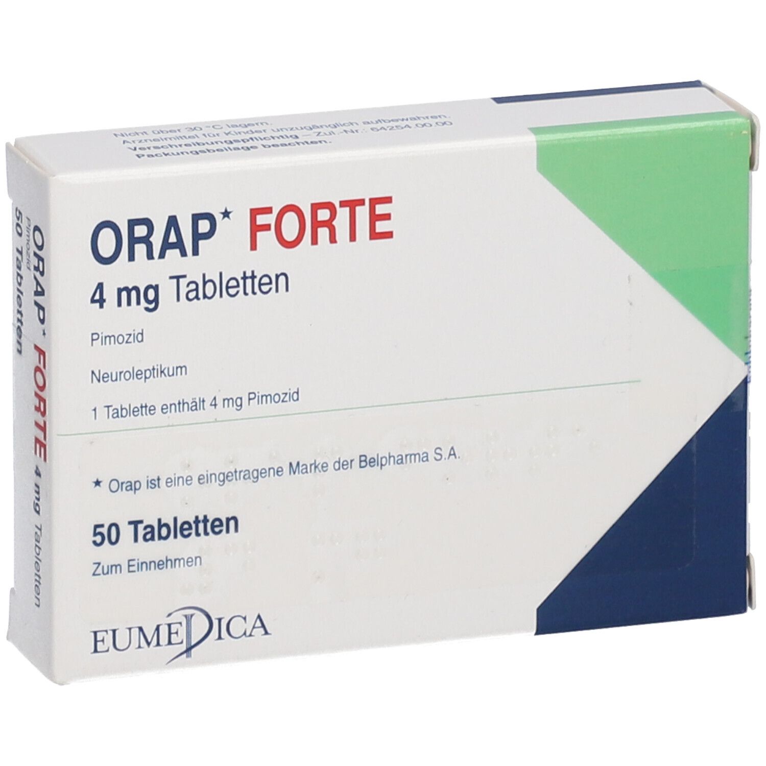 Orap Forte 4 mg Tabletten-Packung. Weiße Schachtel mit roter und blauer Schrift. Enthält 50 Tabletten. EUMEDICA-Logo.