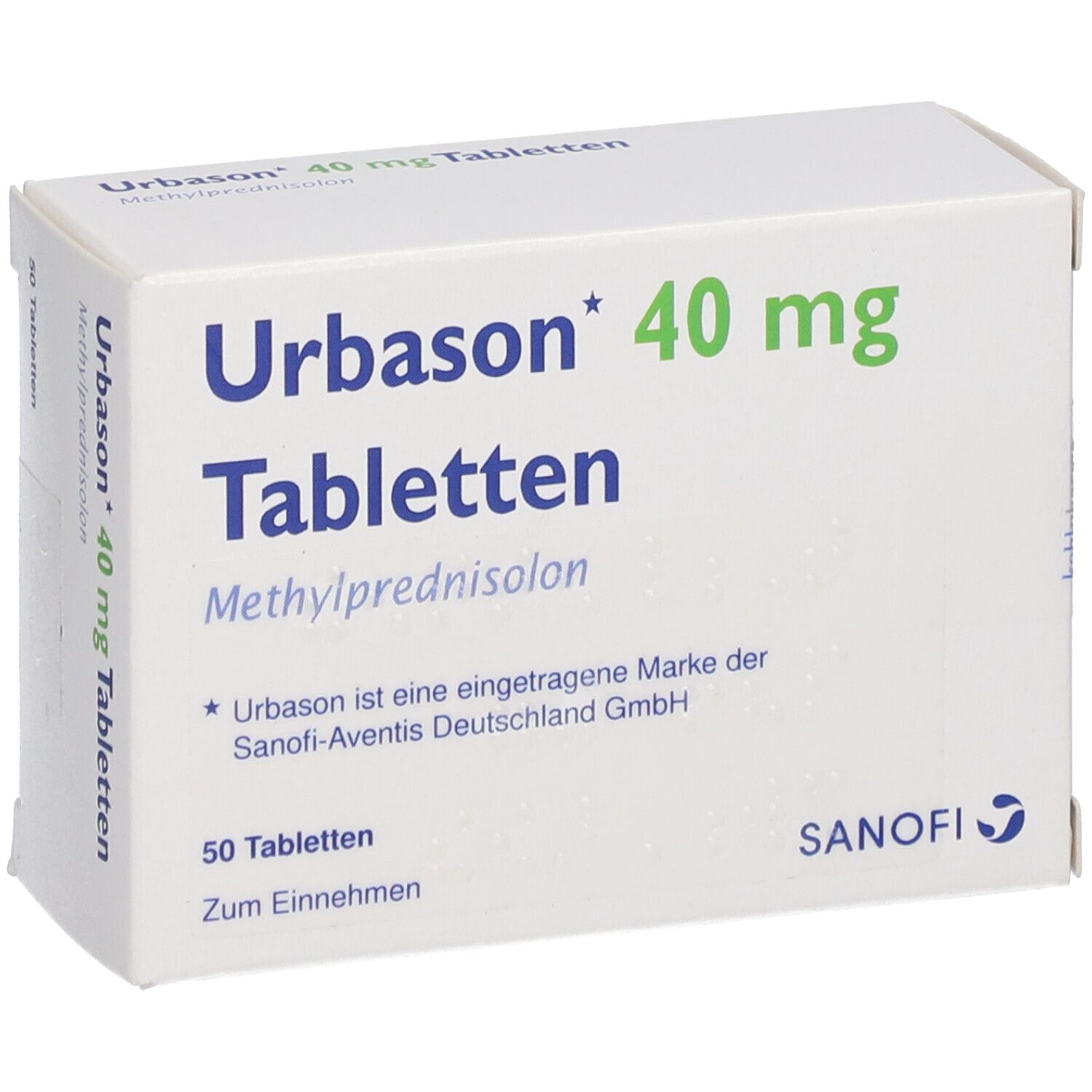 Urbason 40 mg Tabletten-Packung. Enthält 50 Tabletten. Sanofi-Logo. Methylprednisolon.
