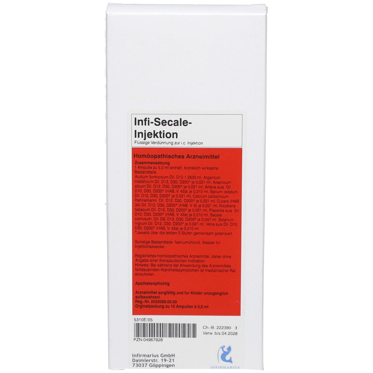 Weiße rechteckige Faltschachtel mit rotem Etikett. Beschriftung: Infi-Secale-Injektion. Homöopathisches Arzneimittel. Text in Deutsch.