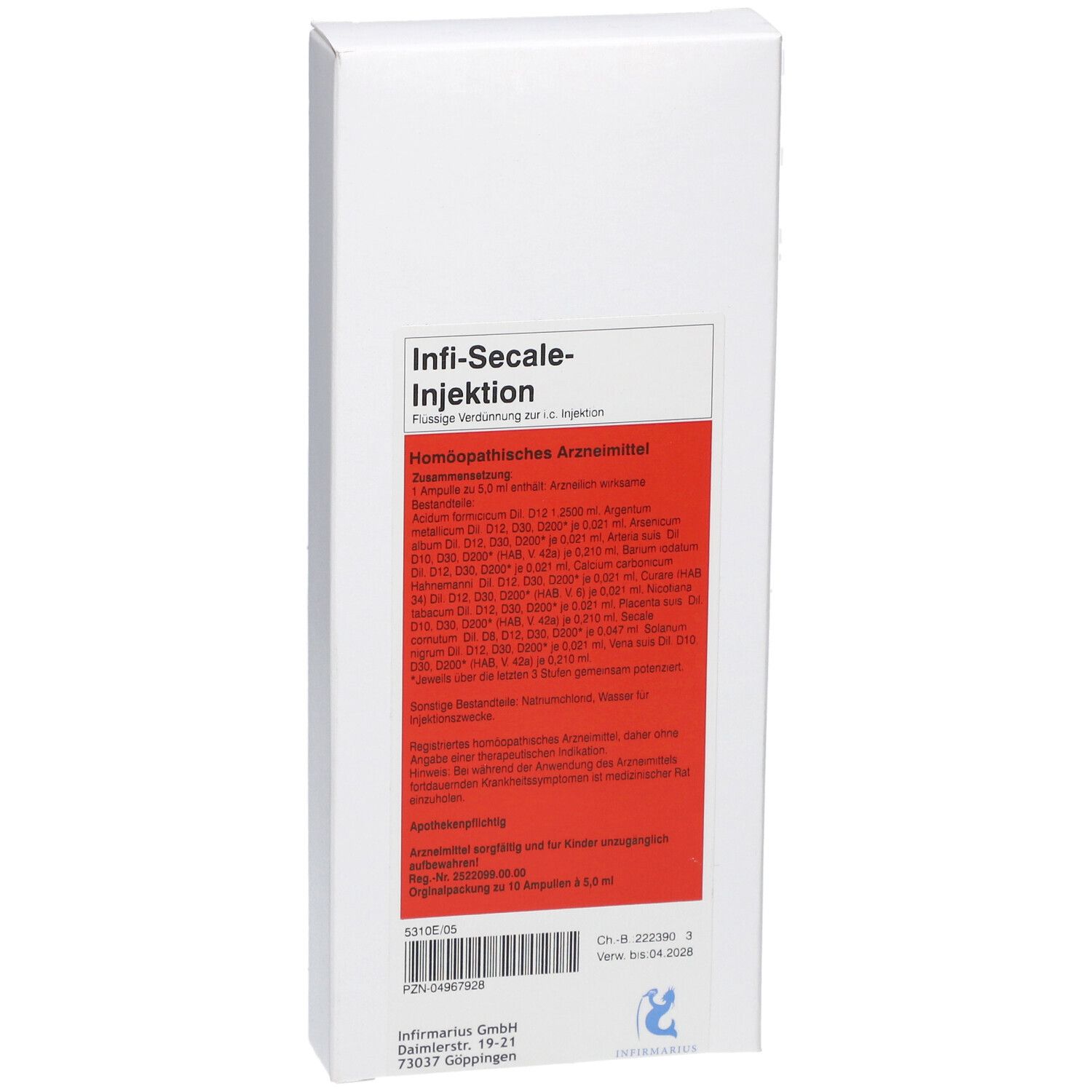 Weiße rechteckige Faltschachtel mit rotem Etikett. Beschriftung: Infi-Secale-Injektion. Homöopathisches Arzneimittel. Text in Deutsch.