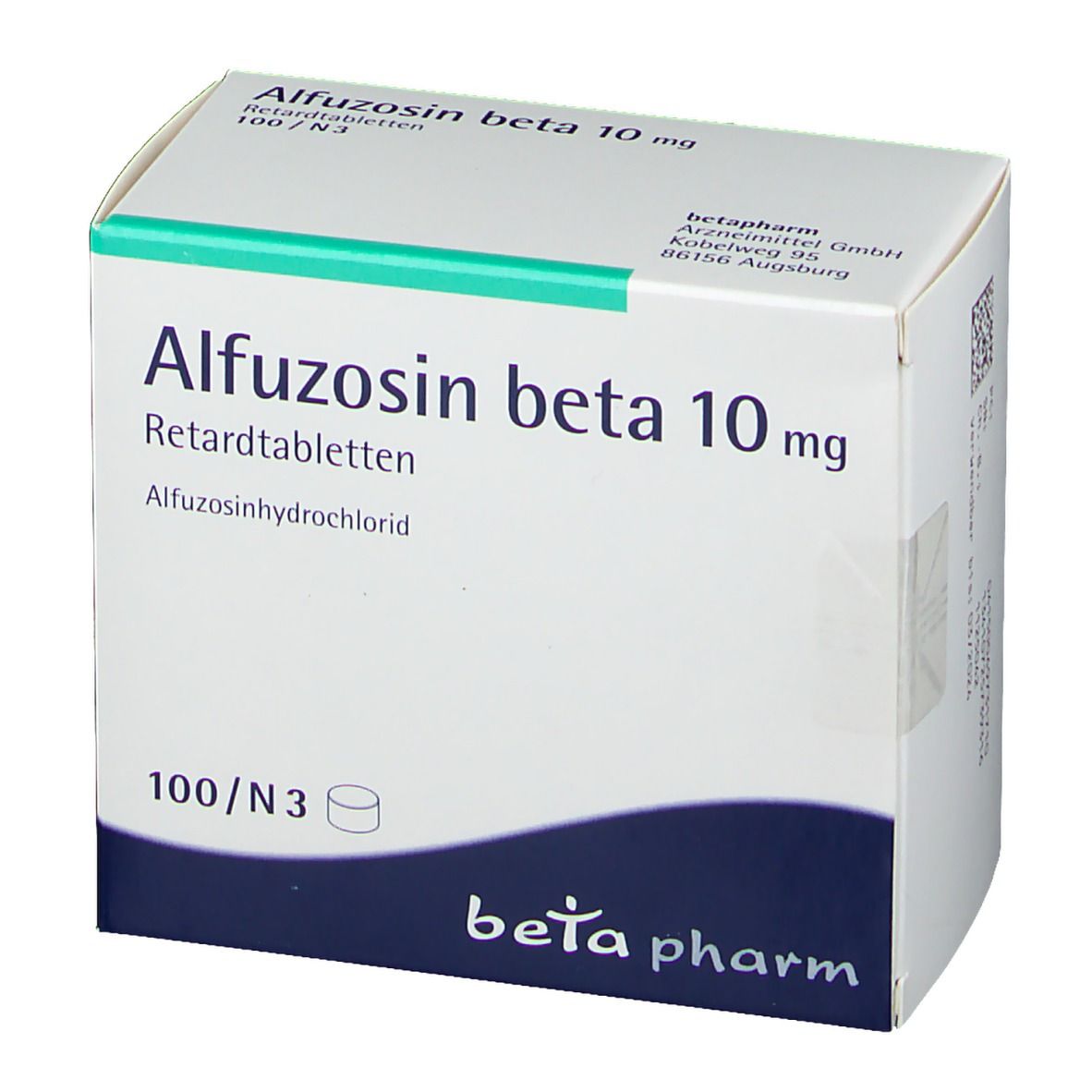 Schachtel Alfuzosin beta 10 mg. Vorderansicht mit Produktnamen, Dosierung und Logo beta pharm.
