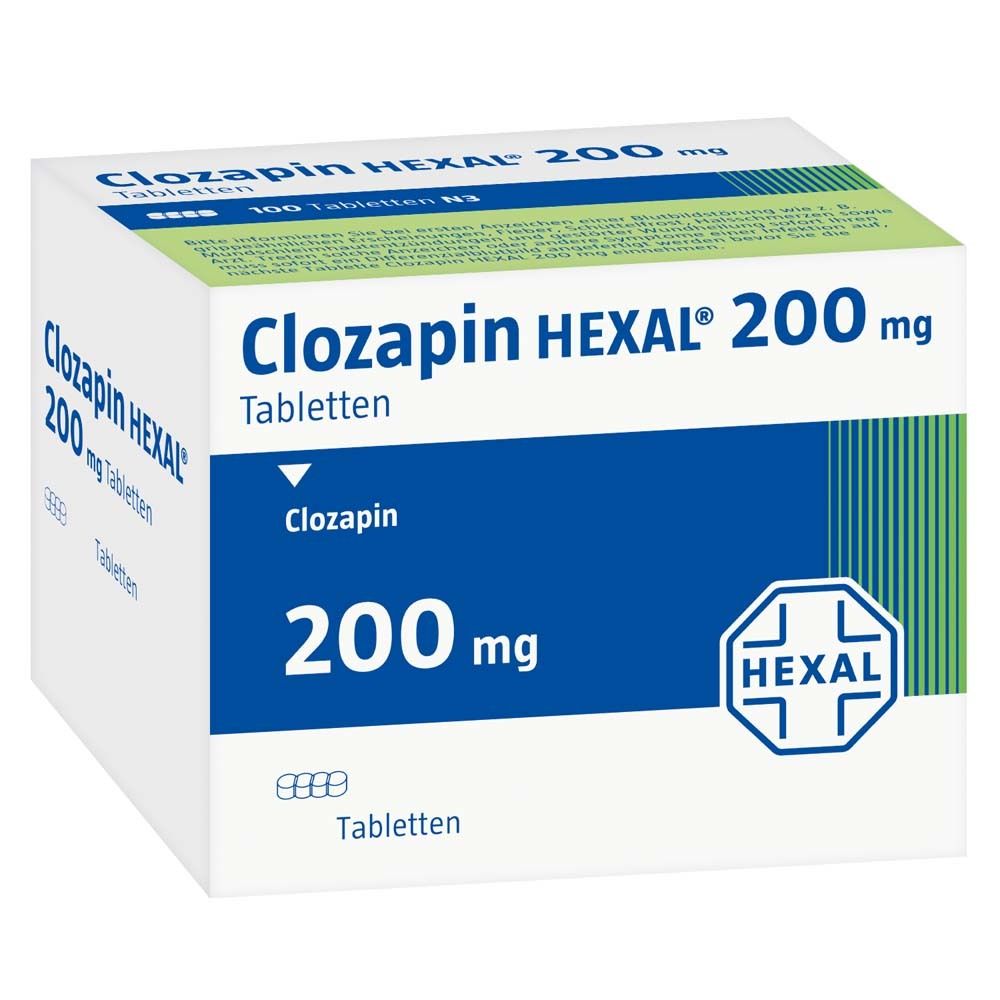 Weiße Tablettenbox mit blauer Fläche. Aufschrift: Clozapin HEXAL 200 mg Tabletten. Logo: Hexal. 100 Tabletten.