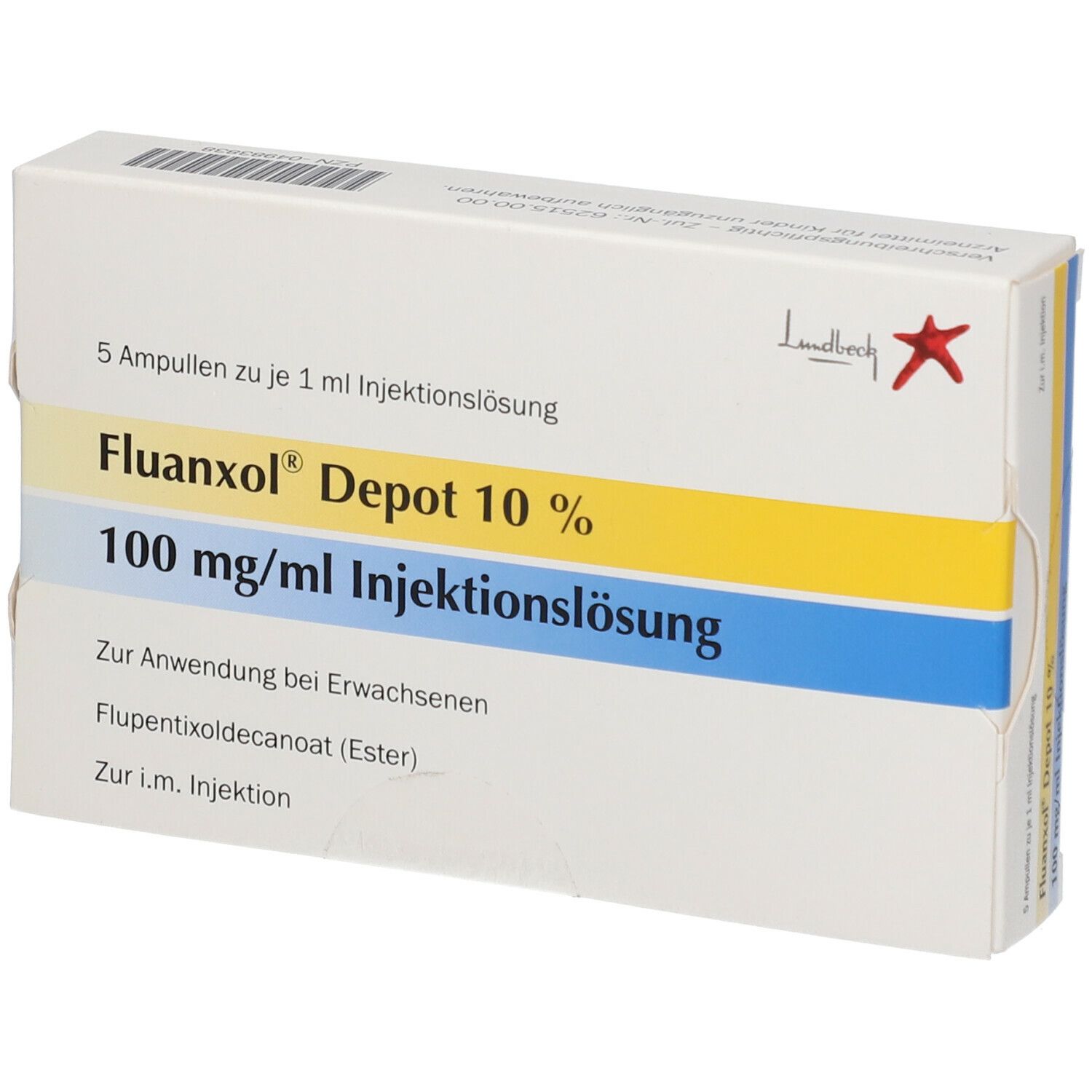 Verpackung von Fluanxol Depot 10% Injektionslösung. Enthält 5 Ampullen. Aufschrift: 100 mg/ml. Herstellerlogo.