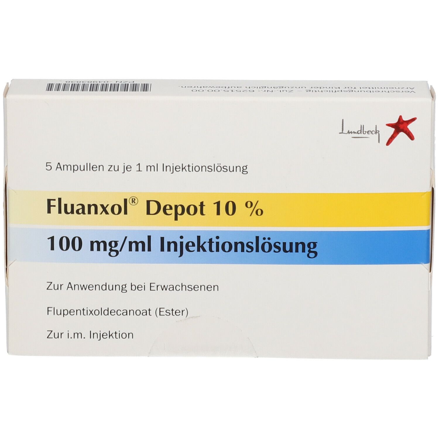 Fluanxol Depot 10% Verpackung. Enthält 5 Ampullen. Aufschrift: 100 mg/ml. Herstellerlogo.
