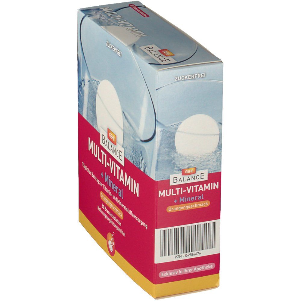 Schrägansicht der GEHE Balance Multi-Vitamin + Mineral Verpackung. Rote und blaue Box mit Produktnamen und Barcode. "Orangengeschmack".