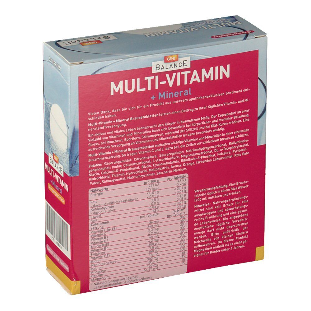 Rückseite der GEHE Balance Multi-Vitamin + Mineral Verpackung. Text mit Inhaltsstoffen und Nährwertangaben. Box mit rotem und blauem Design.