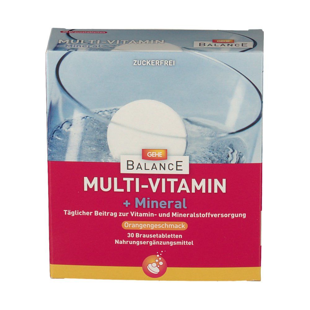 Vorderansicht der GEHE Balance Multi-Vitamin + Mineral Verpackung. Rote und blaue Box mit Produktnamen und "Orangengeschmack". 30 Brausetabletten.