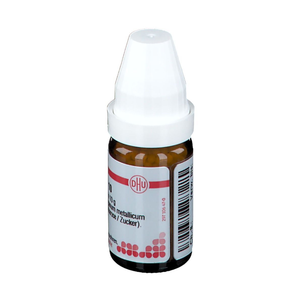 Braune Glasflasche mit weißem Deckel. Beschriftung: DHU, Manganum metallicum D10, 10 g Streukügelchen.