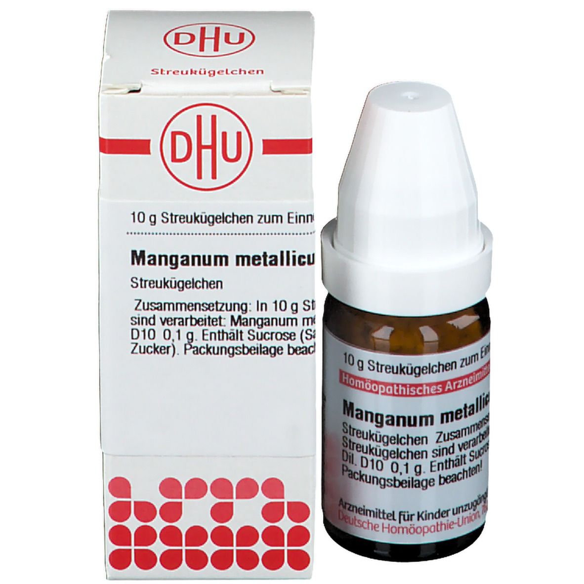 Braune Glasflasche mit weißem Deckel und Verpackung. Beschriftung: DHU, Manganum metallicum D10, 10 g Streukügelchen.