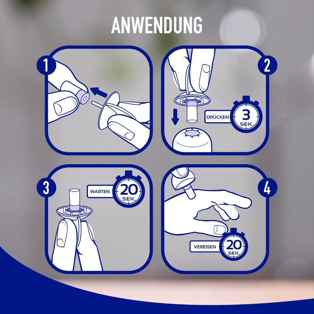 Anwendungsschritte von WARTNER® gegen Warzen. Vier nummerierte Schritte mit Illustrationen.