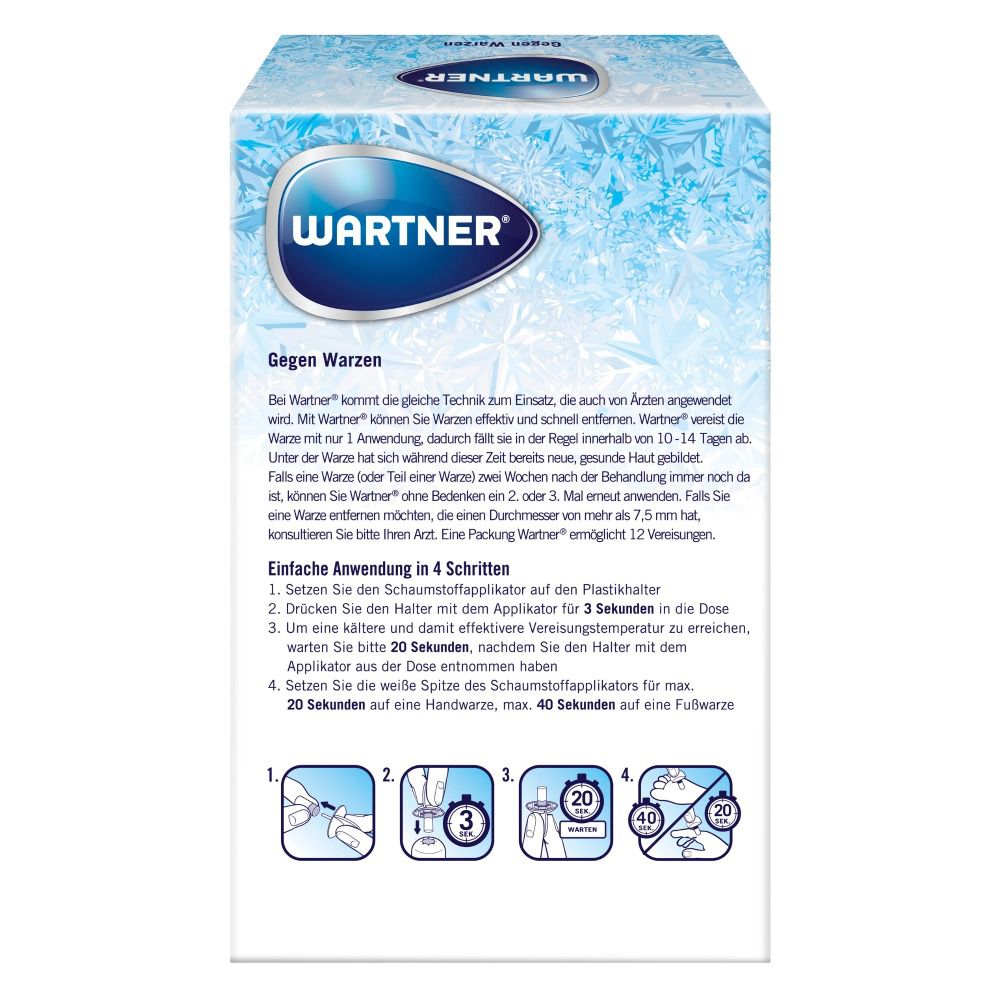 Rückseite der WARTNER® gegen Warzen Verpackung. Textinformationen und Anwendungshinweise.