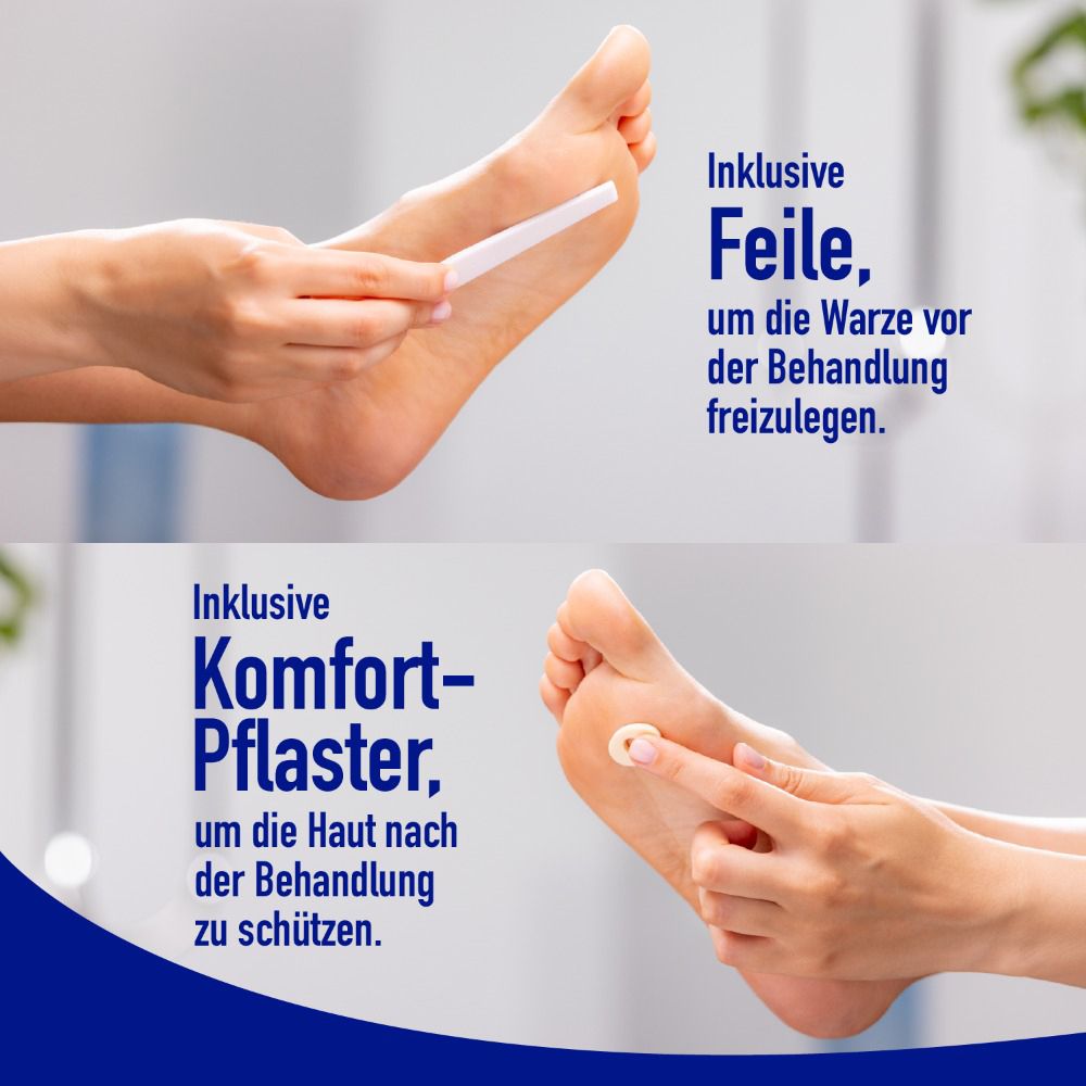 Hände behandeln Füße. Feile und Pflaster. Feile zur Vorbereitung. Pflaster zum Schutz der Haut.