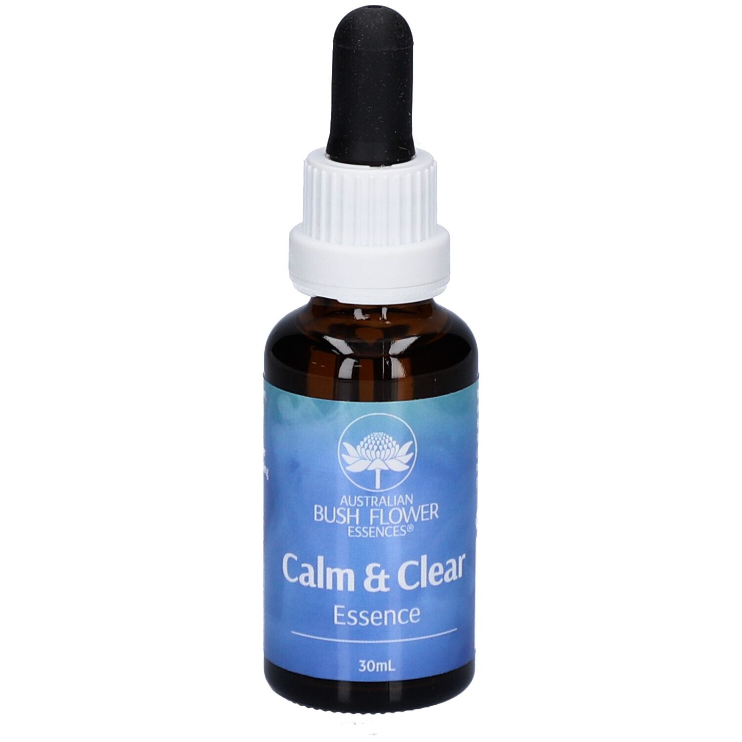 Braune Glasflasche mit Tropfer. Auf dem Etikett steht "Calm & Clear Essence" und "Australian Bush Flower Essences".