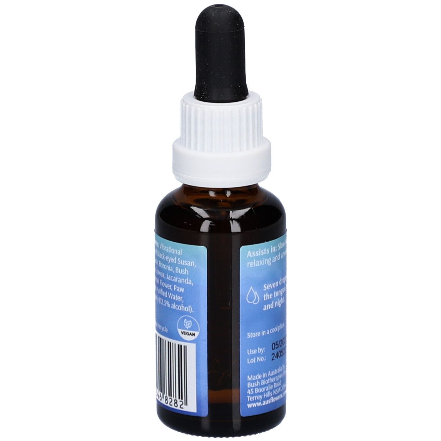 Braune Glasflasche mit Tropfer. Etikett mit Inhaltsstoffen und Vegan-Siegel. "Calm & Clear Essence" und "Bush Flower Essences".