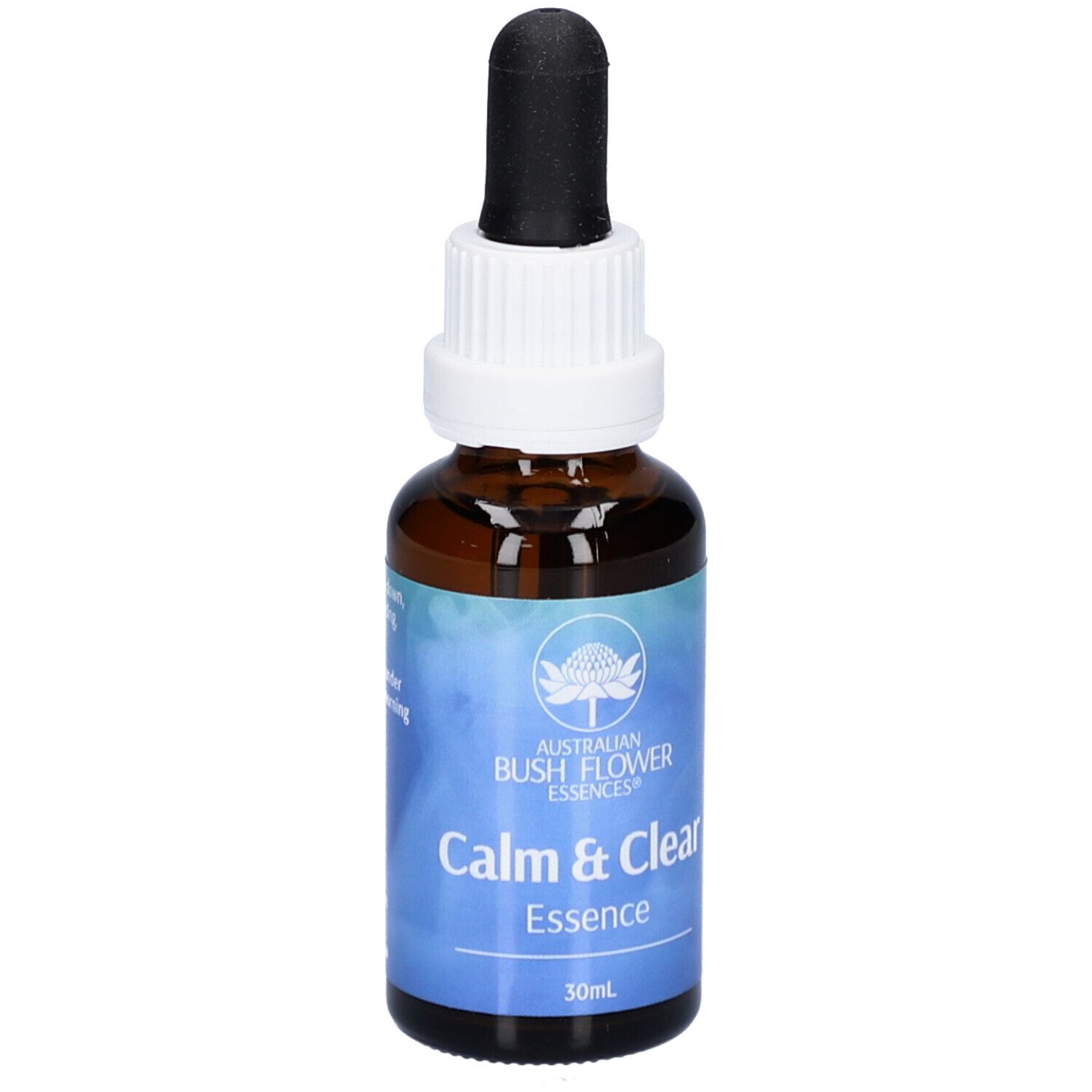 Braune Glasflasche mit Tropfer. Auf dem Etikett steht "Calm & Clear Essence" und "Australian Bush Flower Essences".