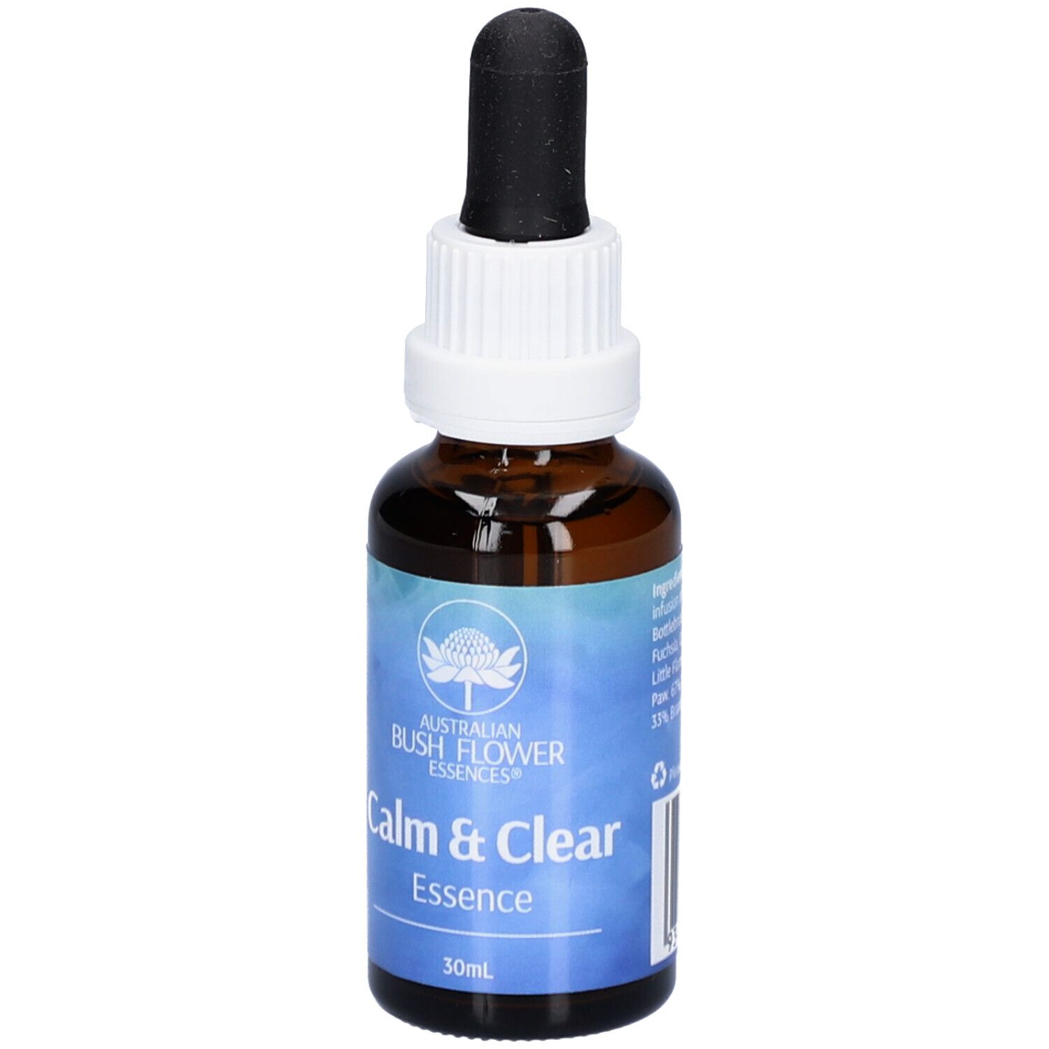 Braune Glasflasche mit Tropfer. Auf dem Etikett steht "Calm & Clear Essence" und "Australian Bush Flower Essences".