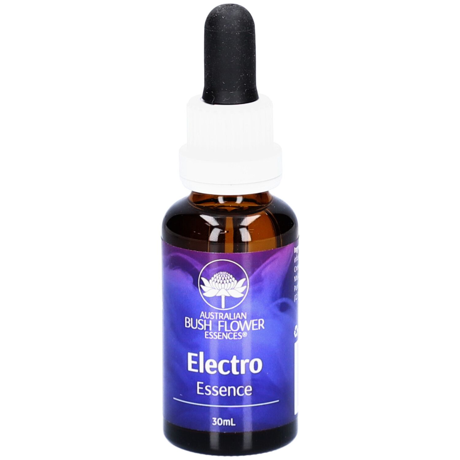 Braune Glasflasche mit weißem Verschluss und schwarzer Pipette. Aufschrift: ELECTRO Essence, 30ml.