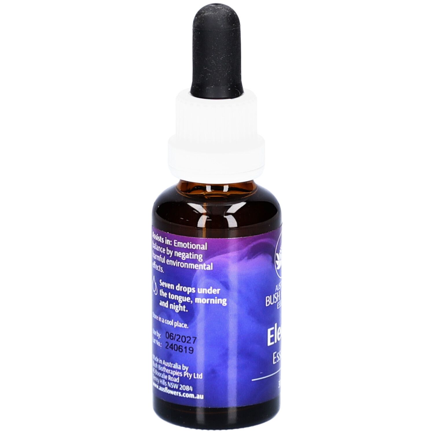 Braune Glasflasche mit weißem Verschluss und schwarzer Pipette. Aufschrift: ELECTRO Essence. Text über Anwendung.