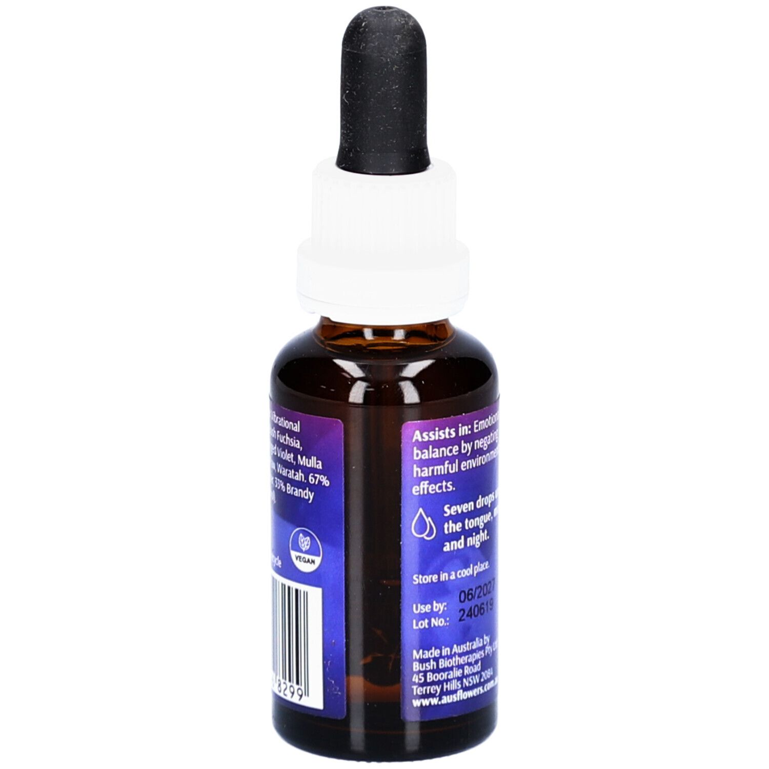 Braune Glasflasche mit weißem Verschluss und schwarzer Pipette. Aufschrift: ELECTRO Essence. Text über Inhaltsstoffe.