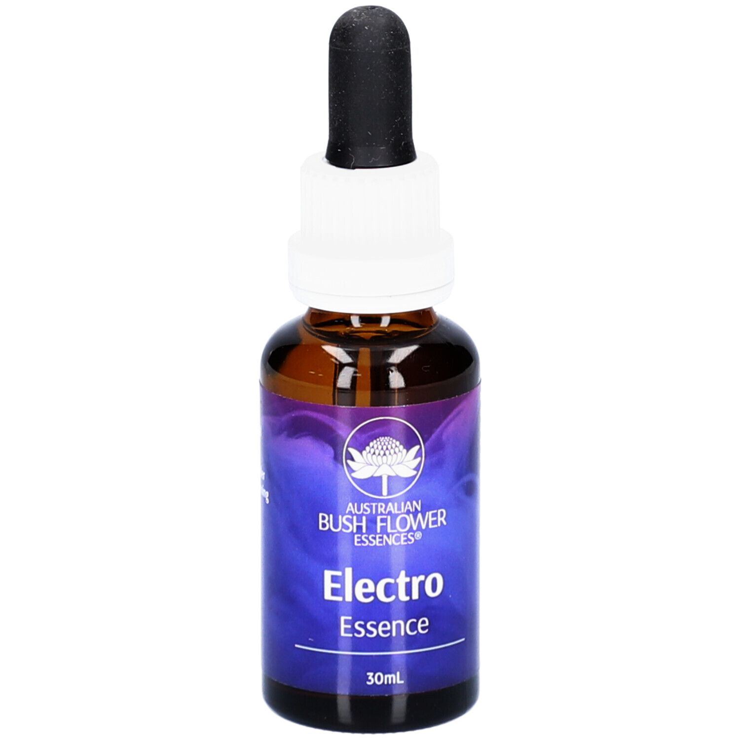 Braune Glasflasche mit weißem Verschluss und schwarzer Pipette. Aufschrift: ELECTRO Essence, 30ml.