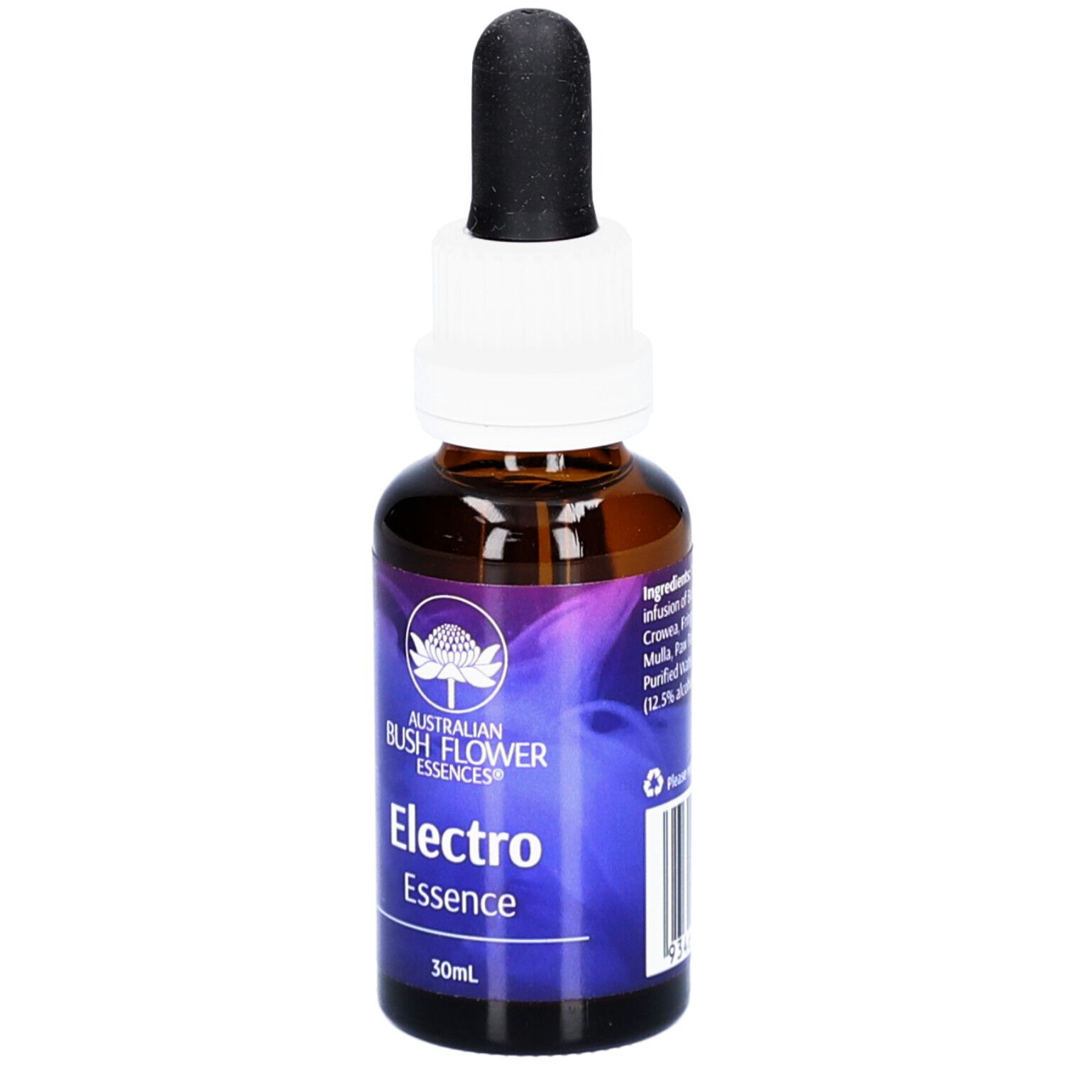 Braune Glasflasche mit weißem Verschluss und schwarzer Pipette. Aufschrift: ELECTRO Essence, 30ml. Inhaltsstoffe.