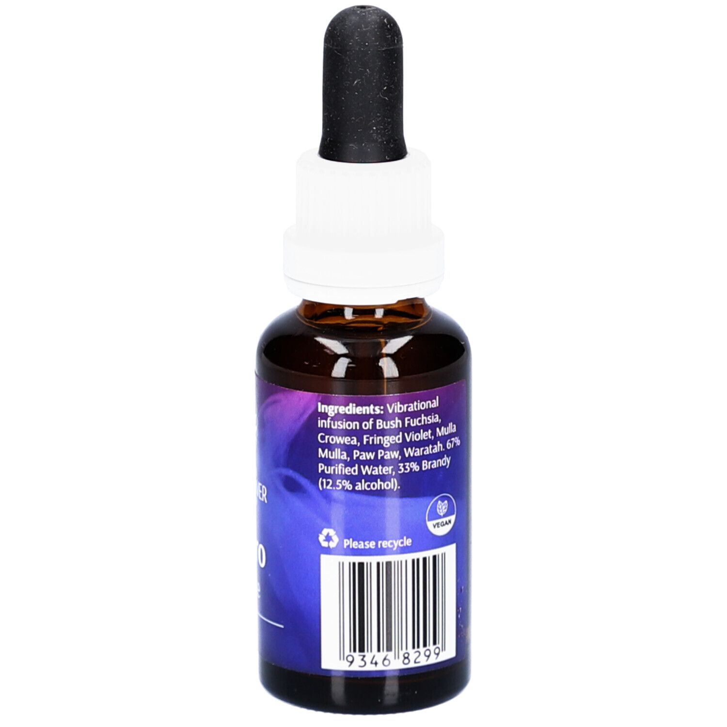 Braune Glasflasche mit weißem Verschluss und schwarzer Pipette. Aufschrift: ELECTRO Essence. Inhaltsstoffe und Barcode.