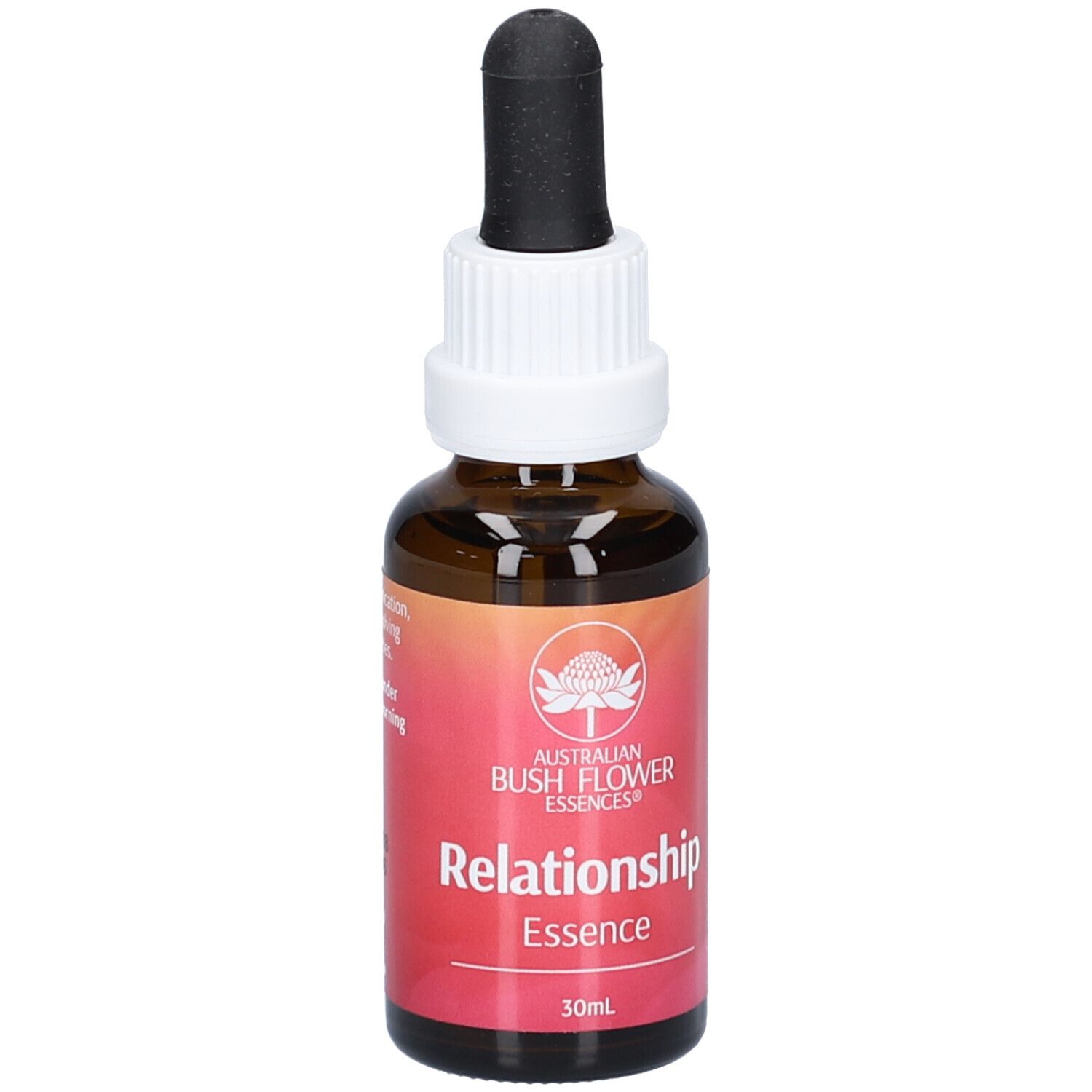 Braune Glasflasche mit Tropfer. Aufschrift: Relationship Essence. Logo: Australian Bush Flower Essences. 30ml.