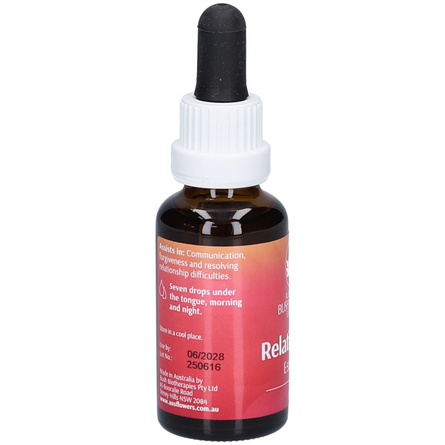 Braune Glasflasche mit Tropfer. Aufschrift: Relationship Essence. Text: Hilft bei Kommunikationsschwierigkeiten. Haltbarkeit bis 06/2028.