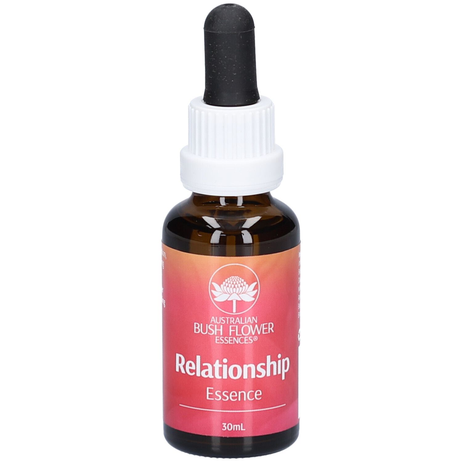 Braune Glasflasche mit Tropfer. Aufschrift: Relationship Essence. Logo: Australian Bush Flower Essences. 30ml.