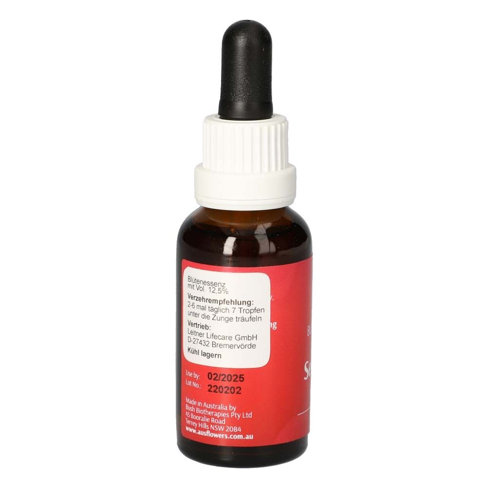 Rückansicht der Flasche. Rotes Etikett mit Dosierungsempfehlung, Haltbarkeitsdatum und Herstellerinformationen.