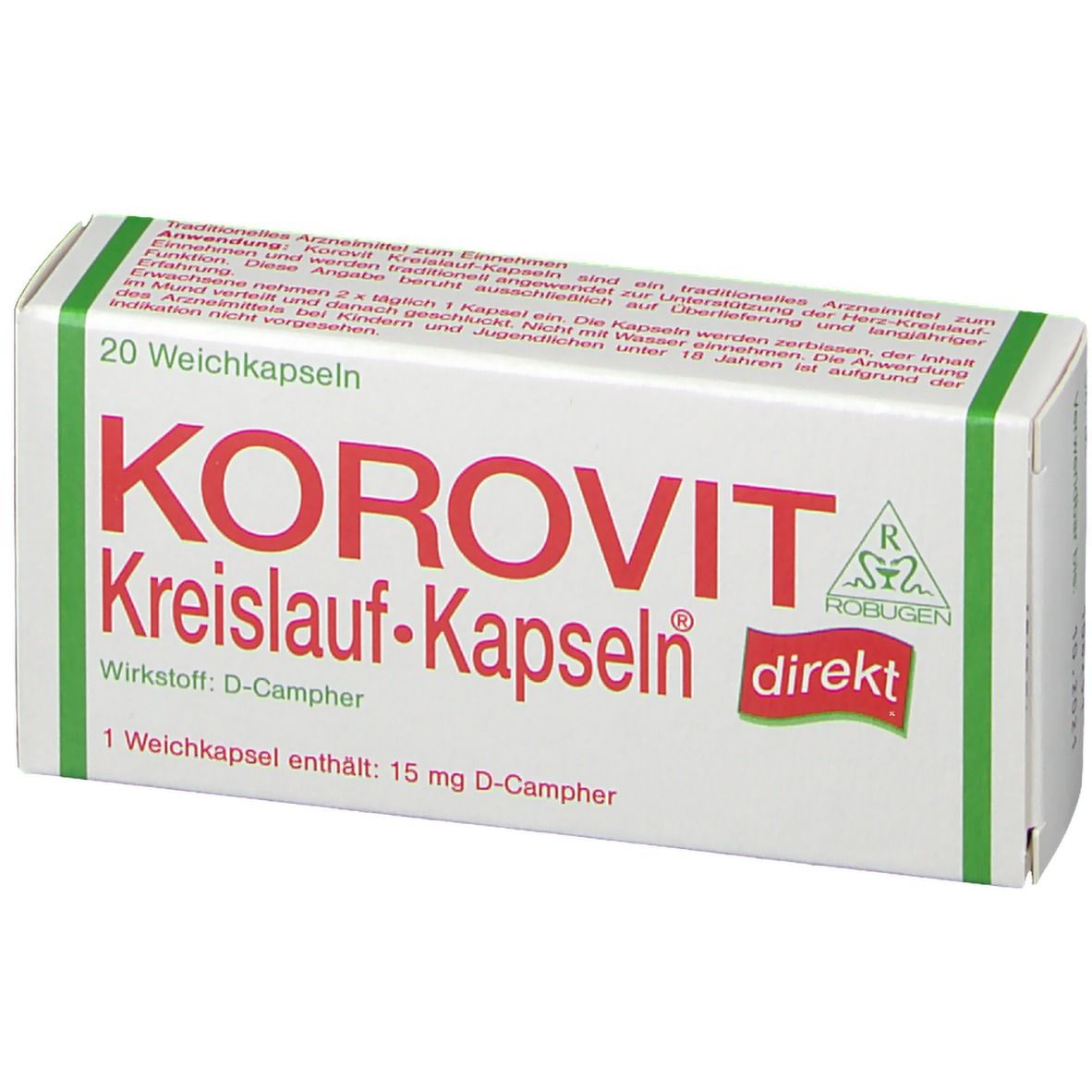 Weiße Schachtel mit roter Schrift: KOROVIT Kreislauf-Kapseln direkt. 20 Weichkapseln. Wirkstoff: D-Campher. 15 mg D-Campher.
