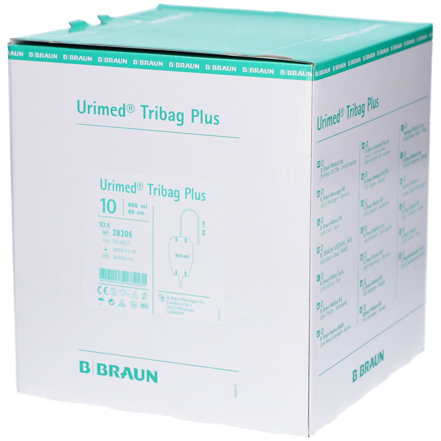 Karton mit Produktbeschriftung. Aufschrift: Urimed Tribag Plus. Marke B. Braun. Grün-weiße Verpackung. 10 Stück.