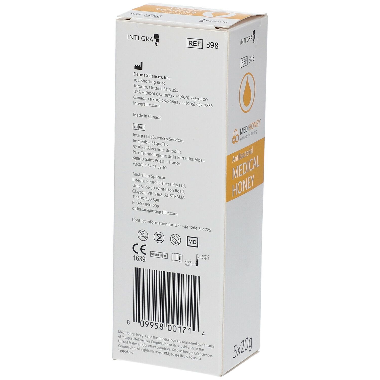 Medihoney® Antibakterieller Medizinischer Honig. Verpackung. Rückseite. Text und Logos. CE-Kennzeichnung. 5x20g.