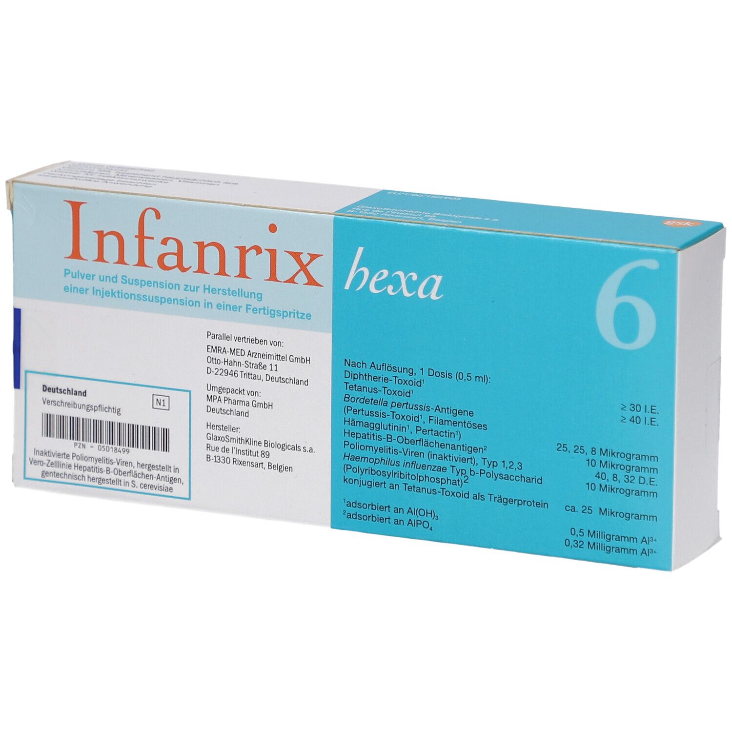 Packung INFANRIX hexa. Blaue und weiße Schachtel mit Produktinformationen, Logo und Inhaltsangaben.
