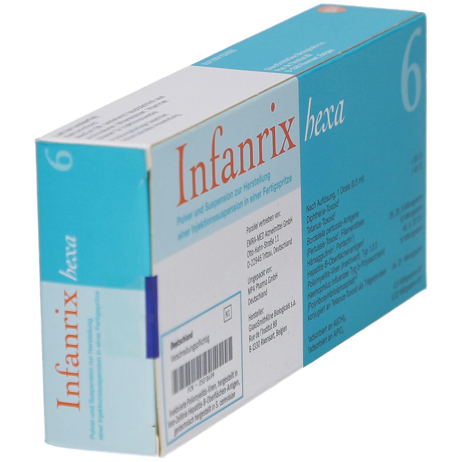 Schachtel INFANRIX hexa, schräg. Blaue und weiße Verpackung mit Produktinformationen und Logo.