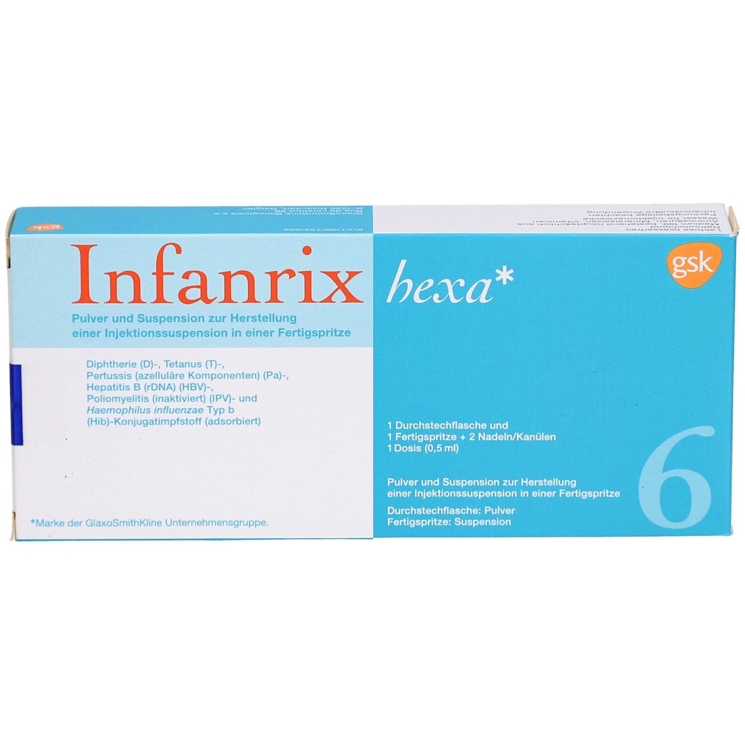 Packung INFANRIX hexa. Blaue und weiße Schachtel mit Produktinformationen und Logo. Enthält 6 Dosen.