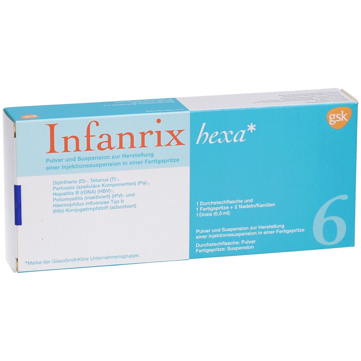 Packung INFANRIX hexa. Blaue und weiße Schachtel mit Produktinformationen und Logo. Enthält 6 Dosen.