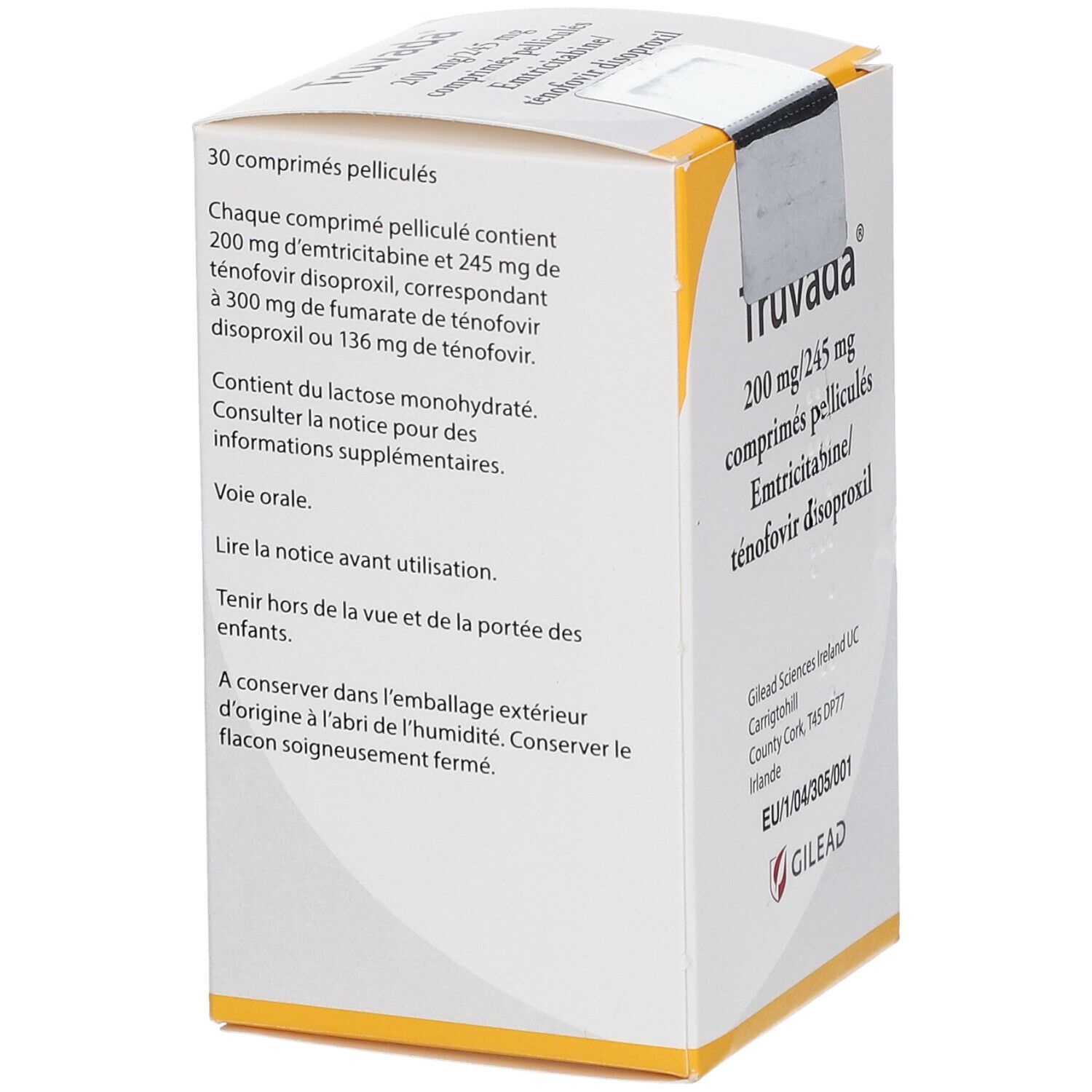 Rückseite der Truvada-Schachtel. Enthält Informationen zu Inhaltsstoffen und Anwendung. Gilead Logo.