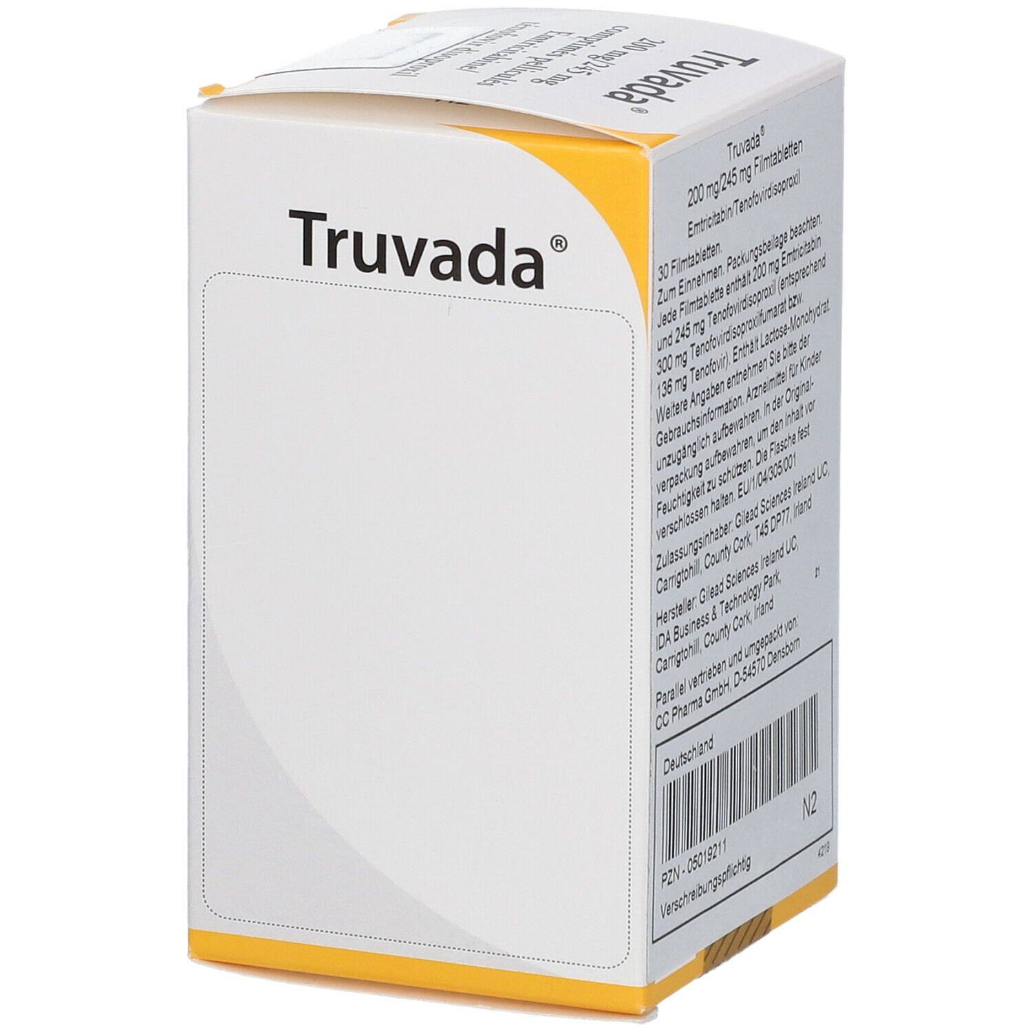 Truvada-Schachtel, Seitenansicht. Aufschrift: Truvada. Enthält Informationen zum Hersteller.