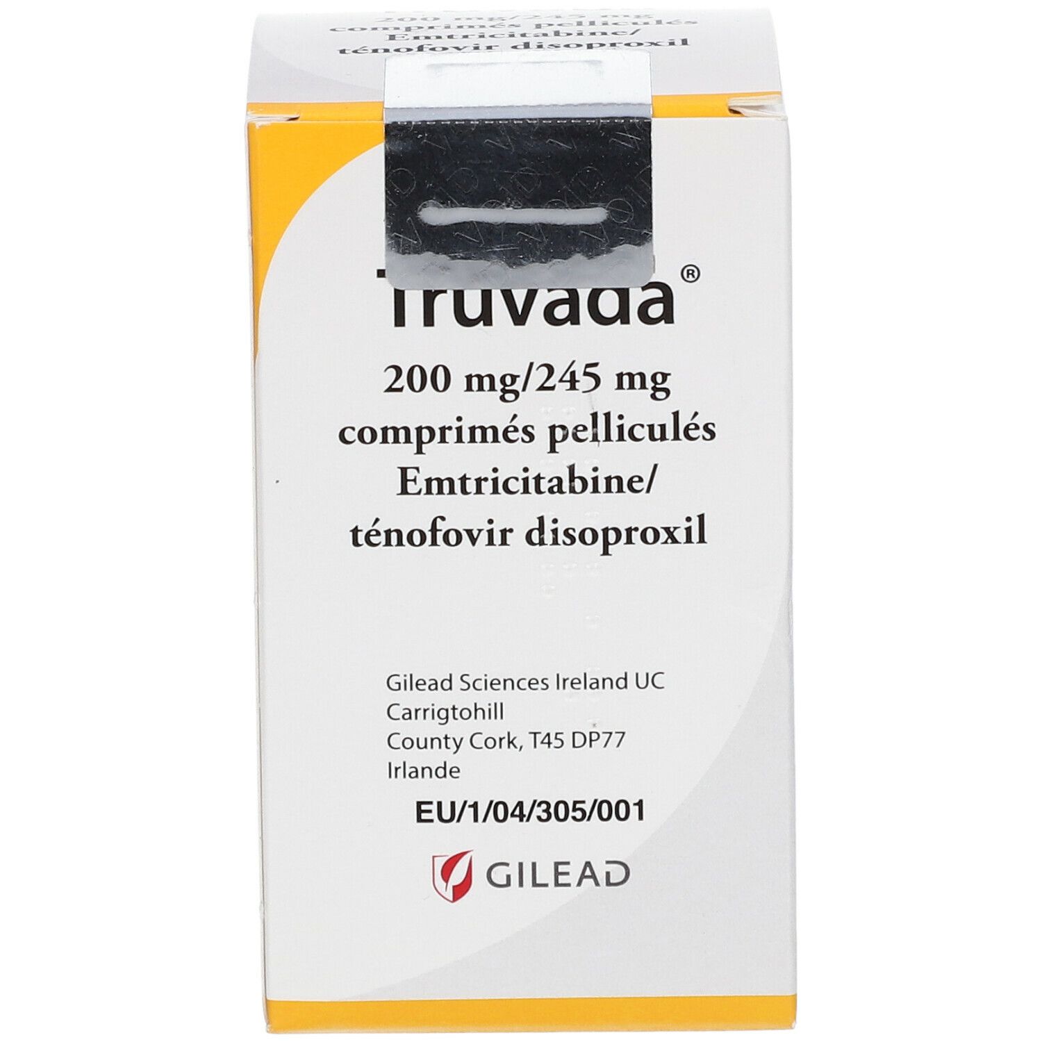 Vorderseite der Truvada-Schachtel. Aufschrift: Truvada 200 mg/245 mg. Gilead Logo.