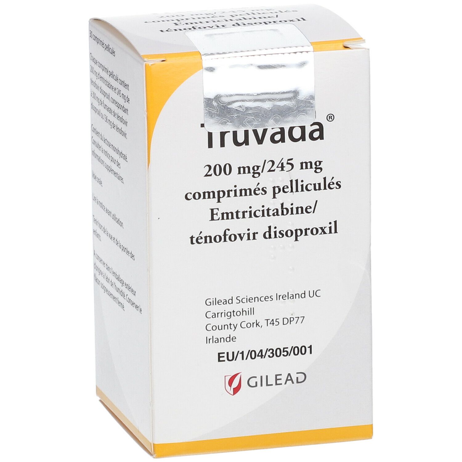 Vorderseite der Truvada-Schachtel. Aufschrift: Truvada 200 mg/245 mg. Gilead Logo.