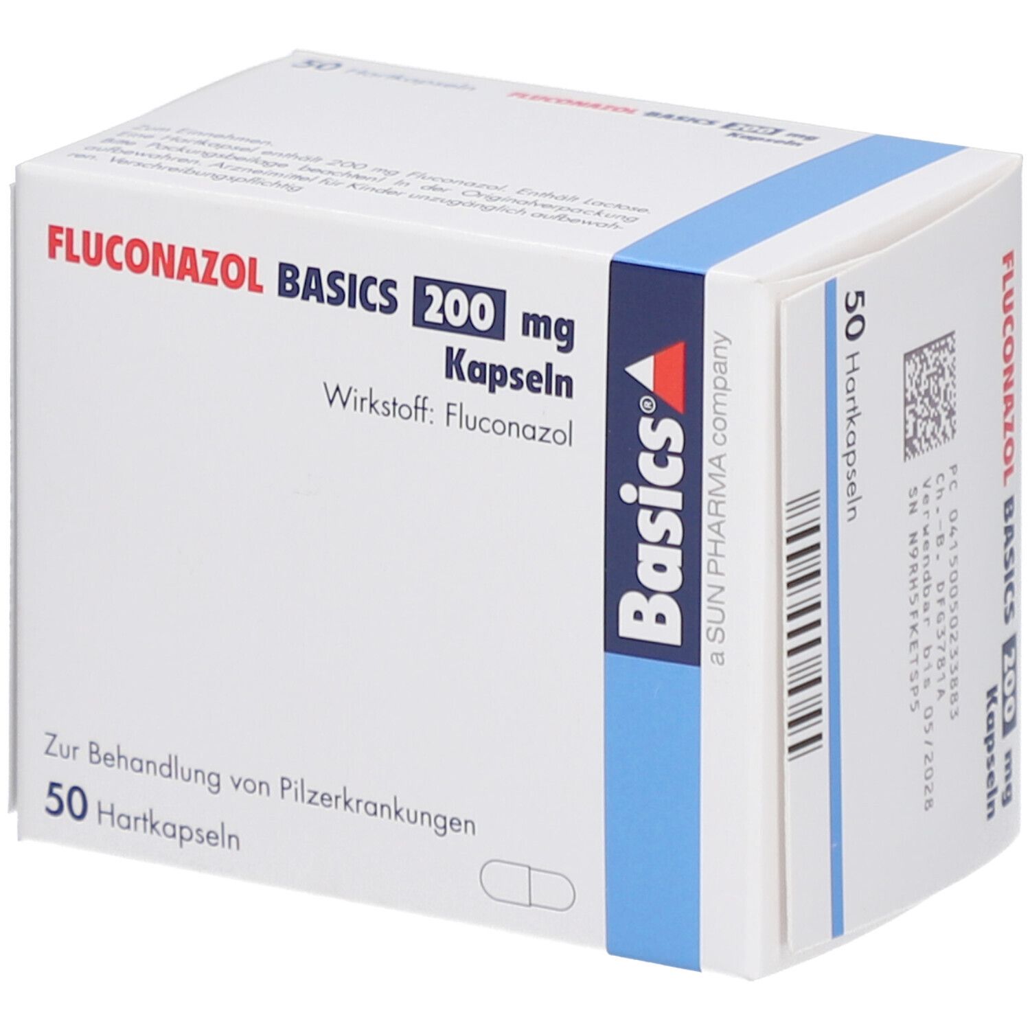 Weiße Faltschachtel mit blauer Markierung. Aufdruck: FLUCONAZOL BASICS 200 mg Kapseln, 50 Hartkapseln. Marke: Basics.
