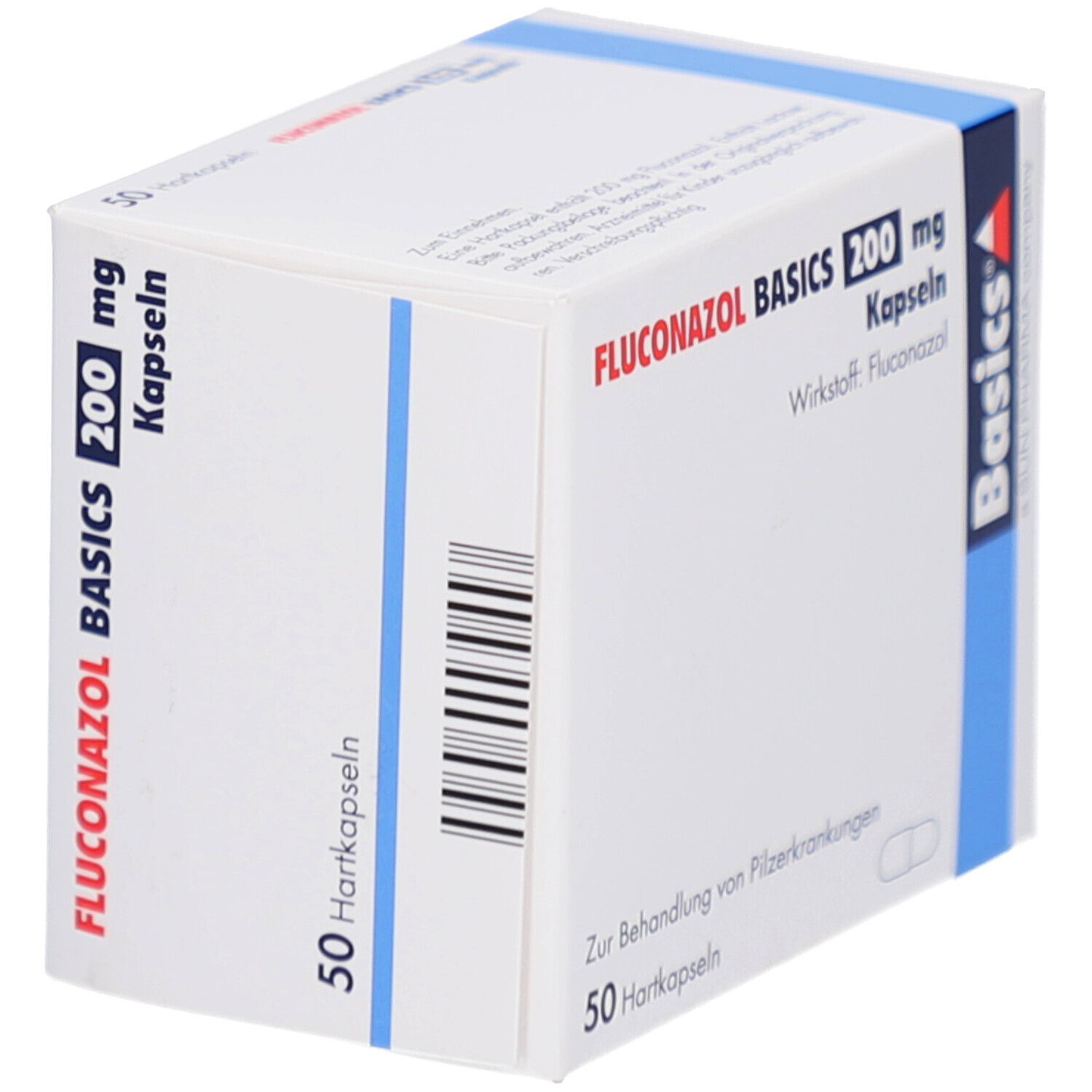 Weiße Faltschachtel mit blauer Markierung. Aufdruck: FLUCONAZOL BASICS 200 mg Kapseln, 50 Hartkapseln. Marke: Basics.