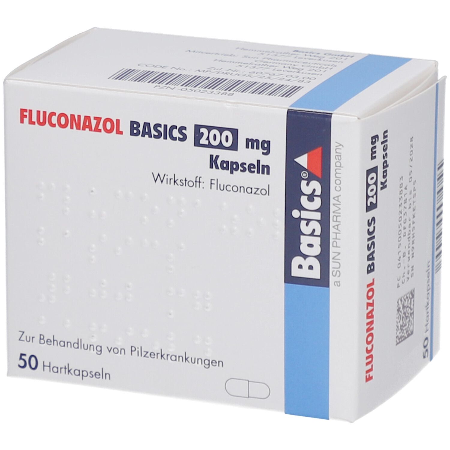 Weiße Faltschachtel mit blauer Markierung. Aufdruck: FLUCONAZOL BASICS 200 mg Kapseln, 50 Hartkapseln. Marke: Basics.