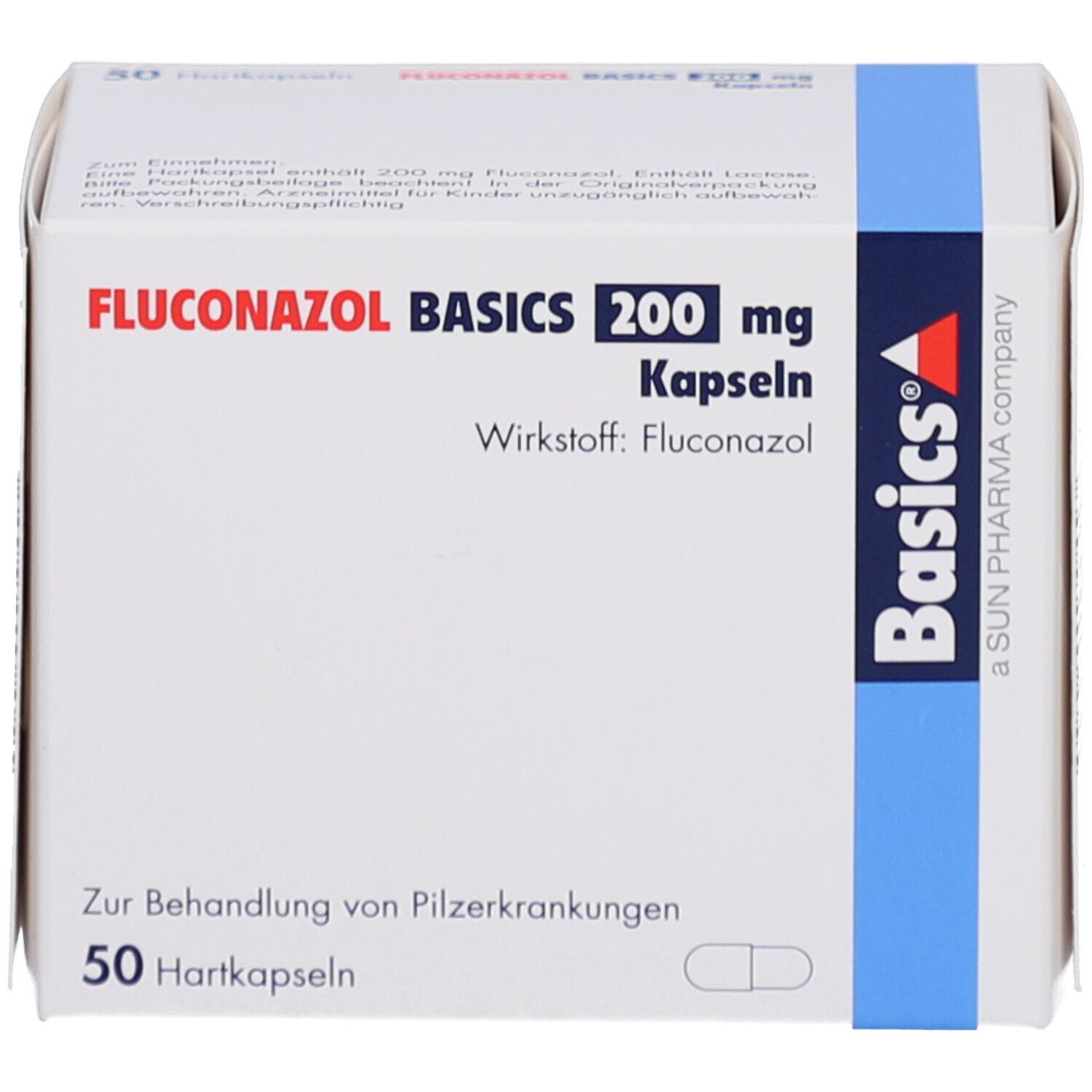Weiße Faltschachtel mit blauer Markierung. Aufdruck: FLUCONAZOL BASICS 200 mg Kapseln, 50 Hartkapseln. Marke: Basics.