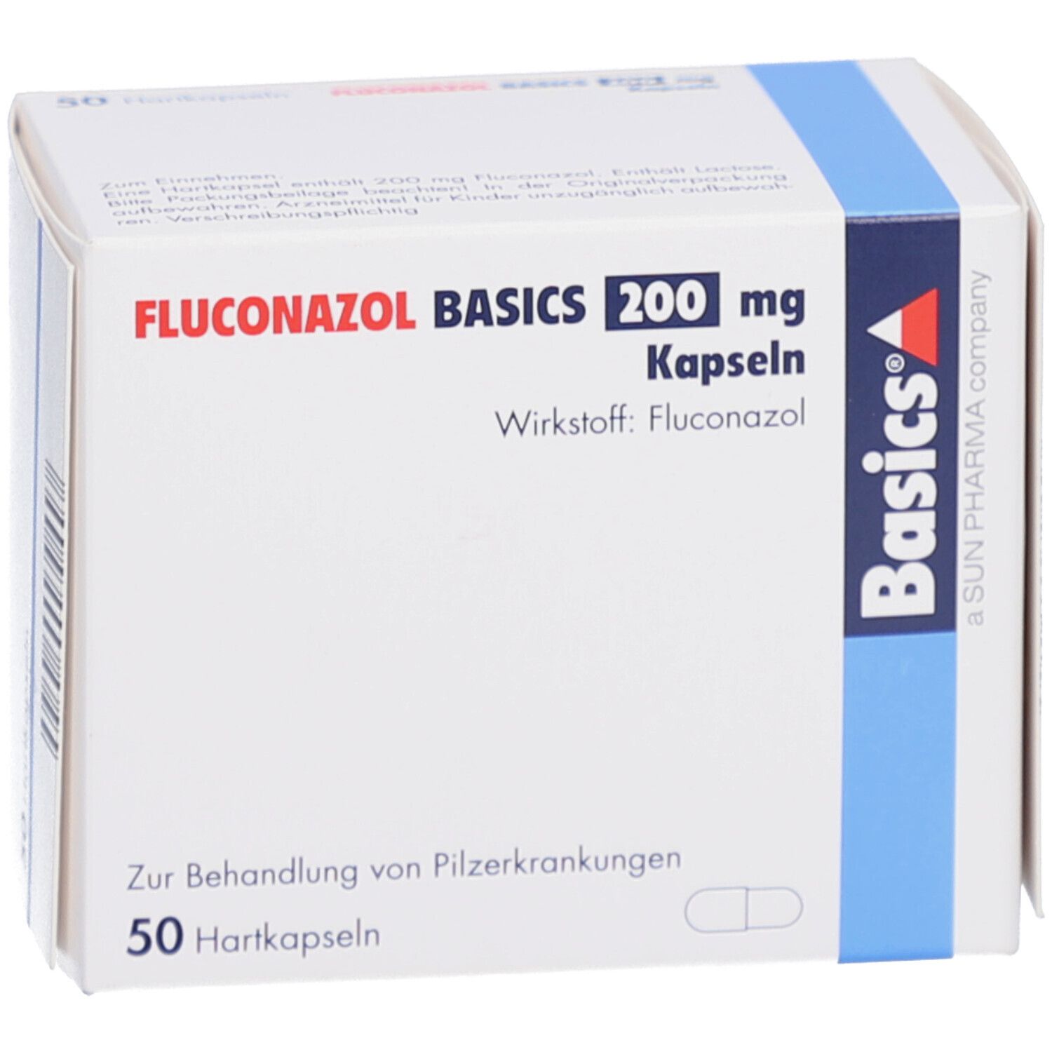 Weiße Faltschachtel mit blauer Markierung. Aufdruck: FLUCONAZOL BASICS 200 mg Kapseln, 50 Hartkapseln. Marke: Basics.